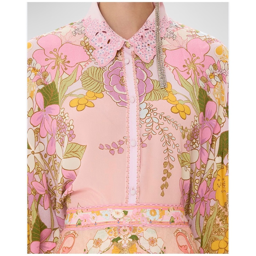 Camilla Kiss & Tell Curved Collar Blouse M Silk Crystal Floral Blouson Sleeve